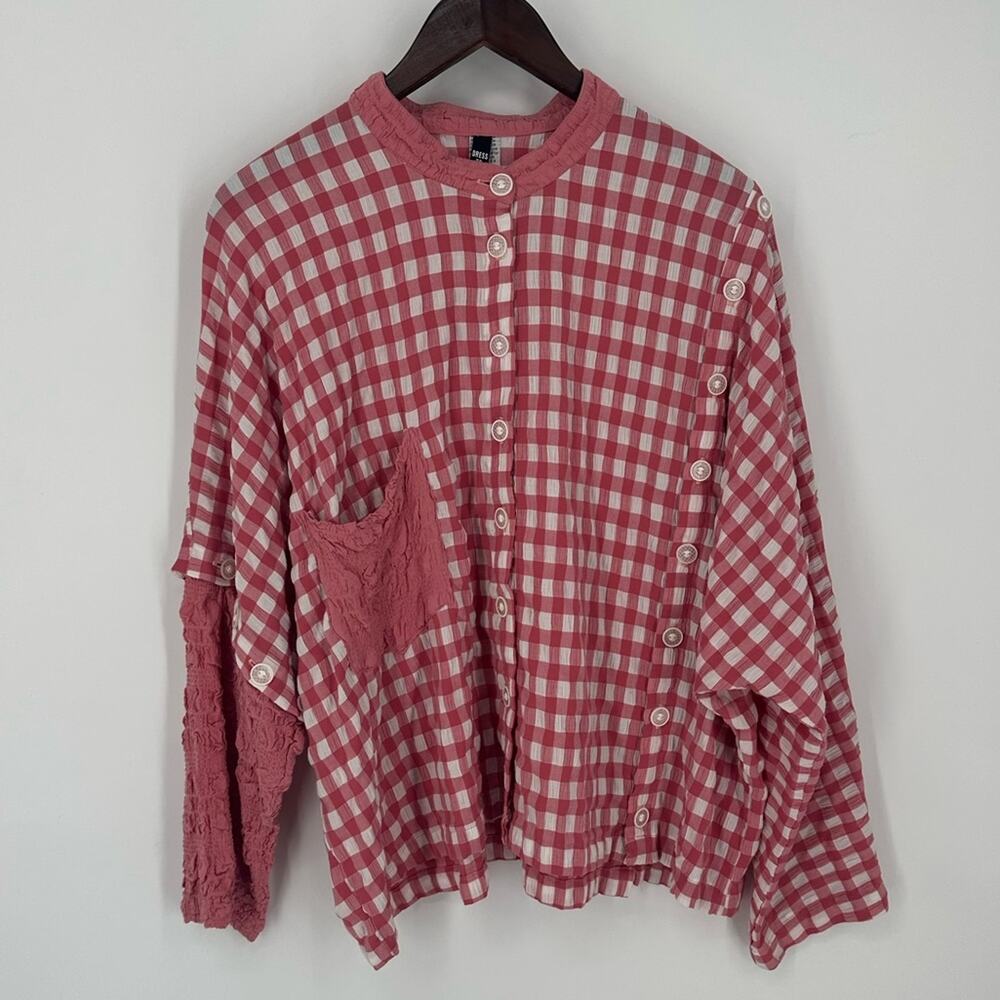 DRESS TO KILL Jane Mohr Pink Plaid Boxy Top Plaid Lagenlook One Size Buttons